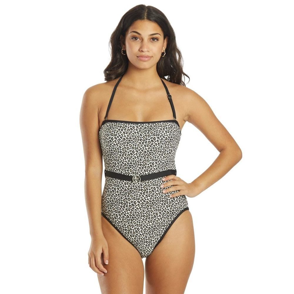 Michael Kors Mini Leopard Belted Bandeau Multicolor One-Piece Black 4